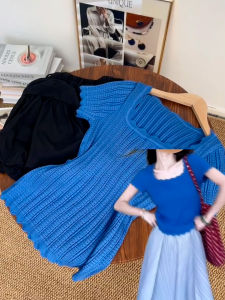 HUOLISI | Klein Blue Lace Trim Crew Neck T-Shirt Slim Fit Female