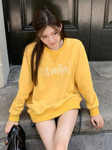 Yellow Look Fair Three-Dimensional Embroider Letters Sweatshirt Female Autumn Fashion Brand American Lazy Relaxed Feeling Casual Crew Neck Top