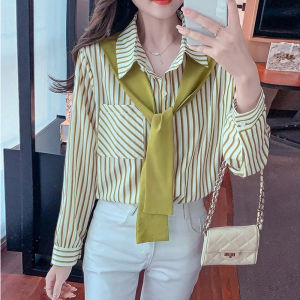 เสื้อเชิ้ตแขนยาวลายทางไซส์ใหญ่สำหรับผู้หญิง ทรงหลวม สไตล์ฤดูใบไม้ผลิและฤดูใบไม้ร่วง เสื้อคลุมไหล่แบบสวม