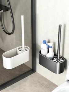 Toilet Brush Holder Shelf No Perforation No Dead Angle Cleaning Space Aluminum Toilet Bathroom Cleaning Toilet Brush