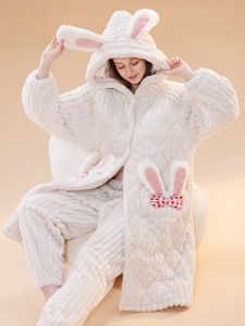 MiiOW | Thickened Coral Fleece Kimono Cat Person Three-Layer Cotton Womens Long Sleepwear Winter Home Clothes Polyester Fiber