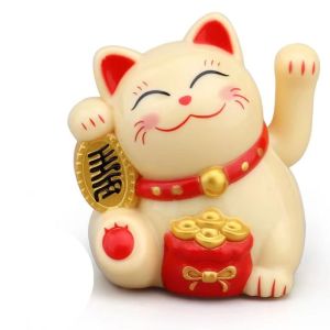 LINNANZHUBING Wave Hand Solar Lucky Cat Figurines Cute Japanese Waving Arm Lucky Cat Gift Creative Auto Interior Ornament Home