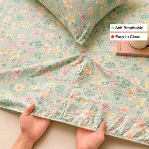 Double Layer Yarn Fitted Sheet  Pillowcase Lightweight Bed Sheet Breathable Soft Top Sheet Durable Machine Washable