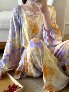 Spring Autumn Cotton Silk Sleepwear Long Sleeve Floral Home Clothes Set plus Size Comfortable Breathable Womens Nightgown
