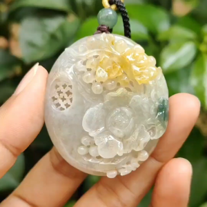 Rare Old Collection Old School Flowers Pendant Yellow and Green Natural Type A Jadeite Jade certificate weighs 42.61 grams measurement 46.8 * 40.8 * 13.2 mm (pendant387)