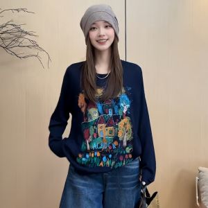 Unique Graffiti Long Sleeve T-Shirt Women plus Size Lazy Style Fashionable Top round Neck Print Cotton Comfortable Fit Autumn New Arrival