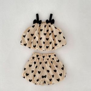 Bộ Đồ 2 Món Dành Cho Bé Gái Mùa Hè Áo Ba Lỗ Không Tay Có Nơ Hai Lớp Và Quần Họa Tiết Trái Tim Bộ Trang Phục Cotton Dễ Thương Dành Cho Lứa Tuổi 1-3