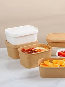 กล่องข้าวสี่เหลี่ยม กล่องกระดาษคราฟท์ใส่อาหารพร้อมฝา (25ชิ้น) กล่องอาหารกระดาษ กล่องอาหารแบบใช้แล้วทิ้ง กล่องบรรจุภัณฑ์กระดาษ  เข้าไมโครเวฟได้