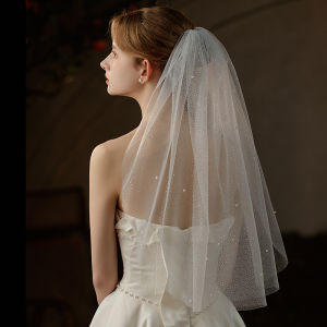 Short V736 Bridal Veil Sparkling Silver Pearl Wedding Dress Headwear Simple Style Photography Studio Travel Shoot Accessory