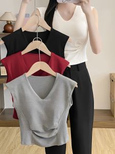 Summer New Wide Shoulder Vest Short Sleeve Sweet Cool Style Womens Slimming Elegant Small Top V-neck Vest Waist-cinching T-shirt