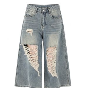 MANMI | Quần Jeans Đùi Cao Rách Stretch Chân Rộng Thẳng Màu Xanh Vintage