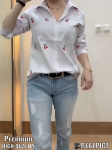 JESS Kemeja Cherry Katun Stretch Bordir - Blouse Lengan Panjang - Kemeja Putih