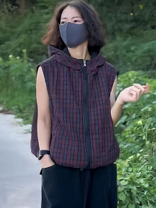 เสื้อกั๊กแขนกุดลายสก็อตสองหน้าทรงหลวมสำหรับผู้หญิง ฤดูใบไม้ร่วง 2025 แฟชั่นลำลอง แจ็คเก็ตแบบสวมหัว แจ็คเก็ตแบบสวมหัว