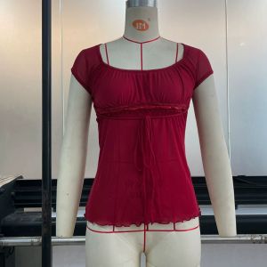 Mesh Lace Cinched Waist Top