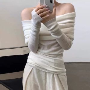 YUEZHONGWEI | Áo Blouse Knitted Ôm Body Trễ Vai Dài Tay Màu Xanh