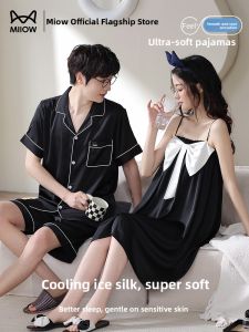 MiiOW | Couple Ice Silk Summer Lightweight Short Sleeve Sleepwear Home Clothes Set Large Size Men Women Short Pants Nightgown Outfit