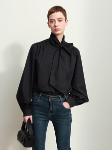 New commuter lantern sleeves beaded with streamers white blouse blouse loose cotton blouse CS2-1244TM3047-B