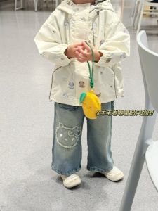 Sweet Spicy Japanese Girl Kitty Cat Retro Style Jeans Loose Long Pants Womens Spring Autumn Fleece Lined Denim Pants