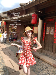 Rose Fragrance Mid-length Flounce Checkered Belted A-line Dress