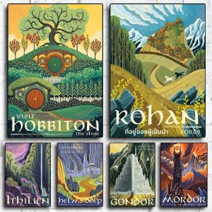 ภาพแอบสแตรกต์รูปแหวนศิลปะย้อนยุคการเดินทางโปสเตอร์ผ้าใบภาพวาดแนววินเทจฟิล์มมอร์ดอร์ดปราสาทเวทมนตร์ภาพการตกแต่งบ้านสำหรับเด็กห้องนอน