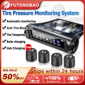 Wireless TPMS Tire Pressure Monitoring System Solar Car Tyre Pressure Alarm Real-time LCD Display Tempera-ture Warning With 4 External Sensors Solar Power Panel USB Charging Tire Pressure Detector