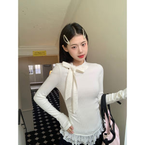 Slim Fit High Collar Long Sleeve Lace T-Shirt Womens Early Autumn New Style Butterfly Knot Base Layer Top Ladies Fashion