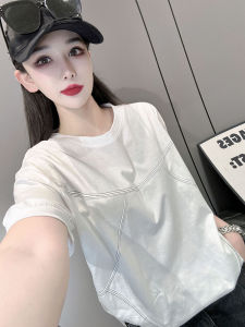 Slimming Effect American Retro Short Sleeve Womens Summer Pure Cotton Belly Covering T-Shirt round Neck Loose Drawstring Top