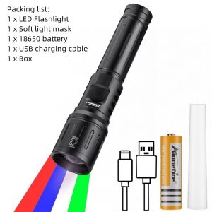 Zoom 4-Colour light White/Red/Green/Blue LED Flashlight USB rechargeable Fishing Camping Hunting Photography Selfie Hiking Torch
