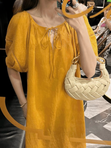 French Elegant 100% Lin Sash Dress Women Summer New Style plus Size Beautiful Long Skirt A-Line Short Sleeve Drawstring Waist