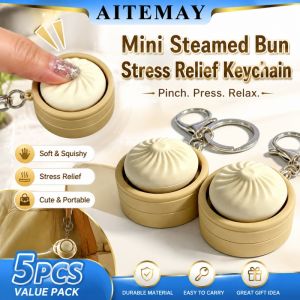 Aitemay 2026 New 5PCS Mini Steamed Bun Keychain: Soft Slow-Rebound Squishy Stress Relief Toy + Gift Set for Office/Bag