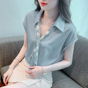 Elegant Satin Short Sleeve Chiffon Shirt Womens Summer Fashion French Style Professional Maturity Wind Original Design Printed Straight Cut