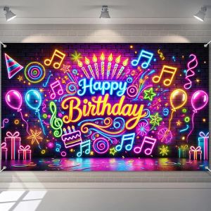 Neon Music Happy Birthday Backdrop Colorful Note Balloon Gift Brick Wall Photo Background Teen Adult Birthday Party Wall Decor