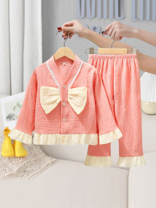 Princess Style Childrens Sleepwear Set Cotton Nightgown Long Sleeve Long Pants Home Clothes for Girls Sweet Summer Kids Outfit