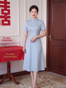 Summer Formal Blue Qipao Dress Slimming Waisted Elegant Evening Wear