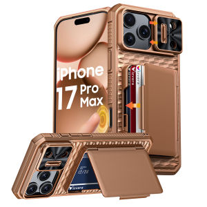 For iPhone 17 Pro Max With Card Holder Sliding Camera Cover And Stand Phone Case Anti-Fall PC+TPU Wallet Case-Gold