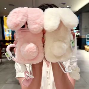 3D Cartoon Rabbit Ears Warm Furry Plush Bunny Phone Case With Lanyard For iPhone 17 15 14 13 12 11 16 Pro Max Shockproof Cover