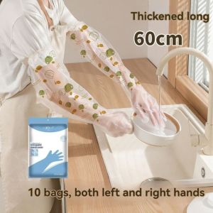 JURHOMIE 10Pcs Extra Long Disposable Gloves CPE Print Cleaning Long Gloves Durable Kitchen Cleaning Tool Extended Housework Gloves for Restaurant