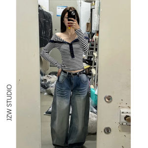 Loose Wide Leg Low Waist Jeans Womens Casual Slimming Trousers American Style Light Color Cat Jeans Autumn Wear