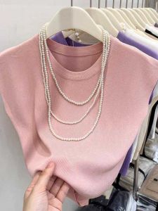 เสื้อยืดผ้าไหมน้ําแข็งสีบริสุทธิ์สําหรับผู้หญิง 2024 สําหรับฤดูร้อนสไตล์ใหม่เข้าได้หลายชุดแขนกุดถักเสื้อกั๊กหลวมไหล่สั้นบาง