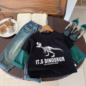 Cute Childrens Long Sleeve T-Shirt Fake Two-Piece Base Shirt Baby Boy Spring Autumn Fashionable Casual Loose Fit Cotton Shirt