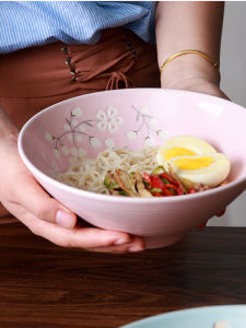 Yuquan Cherry Blossom Japanese Style Ramen Bowl Creative Ceramic Home Instant Noodles Salad Soup Bowl Bamboo Hat Large Bowl Noodle Bowl Large