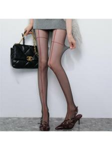 ถุงน่องผ้าไหมสีดำโปร่งใสสูงสำหรับผู้หญิง ถุงน่องขากระชับสีแดง ด้ายก้าวข้าม ความยาวปกติ ไร้ตะเข็บ