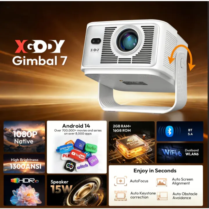 [NEW] XGODY Gimbal 7 Smart Projector Android 14 1080P Full HD Resolution 8K Support 2+16GB 1300 ANSI Lumens Auto Focus & Obstacle Avoidance Portable Projector