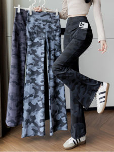 Womens Camouflage Pocket Pants Spring Autumn New Style Yoga Pants High Waist Slimming Flared Sharkskin Pants Outerwear
