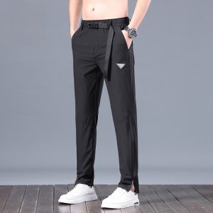 ROMON | กางเกงกีฬาผ้าไหมน้ำแข็งลำลองชายฤดูร้อนบางแห้งเร็ว เอวยางยืด กางเกงขายาวทรงตรง กระเป๋า กางเกงขายาวลำลอง สีพื้น