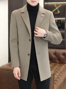 HENGYUANXIANG | Hengyuanxiang Mens Woolen Coat Casual Mid-Length Business Style Pure Color Suit Collar Jacket Fashionable Urban Youth Outerwear