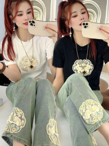 Spring Summer 2024 New Embroidered Button Short Sleeve Womens Slim Fit Versatile Traditional Chinese Style T-Shirt round Neckline