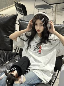 Pure Cotton Summer White Grey Short Sleeve T-Shirt Womens Loose Shoulder Print Casual Style Creative Animal Pattern Top