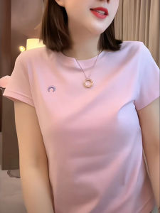 Áo Thun Nữ Tay Ngắn Cổ Tròn Thêu Ôm Vừa Vặn Giảm Béo Trẻ Trung Thời Trang Mùa Hè Phong Cách Hàn Quốc Cotton 93% Polyester 7%