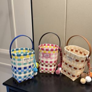 Handwoven Bucket Bag Picnic Basket Handbag Creative Travel Storage Basket Casual Chic Large Checkered Pattern Universal Bag